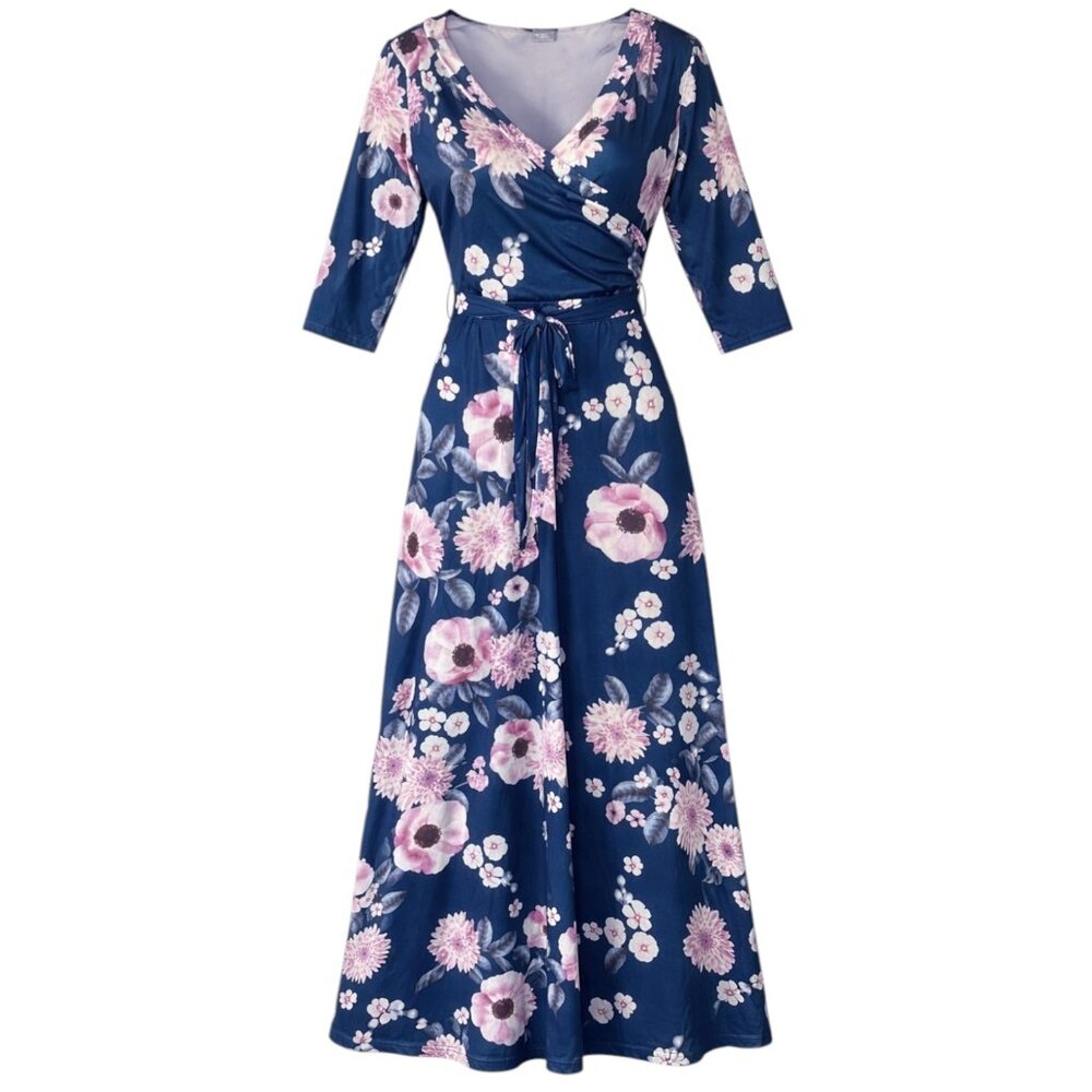 Women's Floral Wrap V Neck Maxi Dress Tie Waist Blue 1/2 Sleeves Size M - Picture 7 of 7